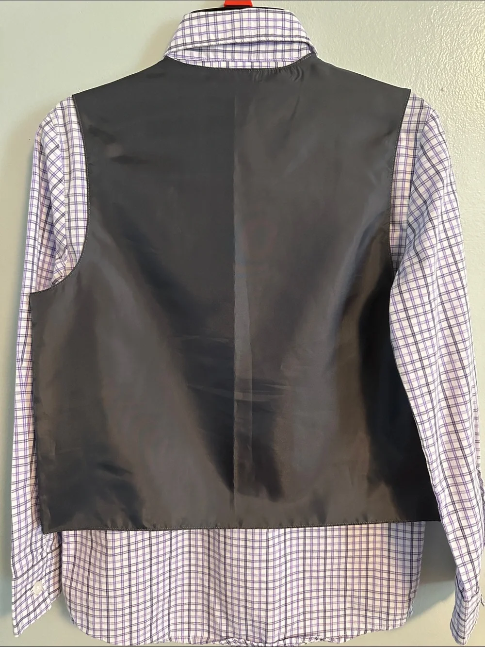 Van Heusen Gray Vest with Lavender Check Shirt and Lilac Tie Size 10